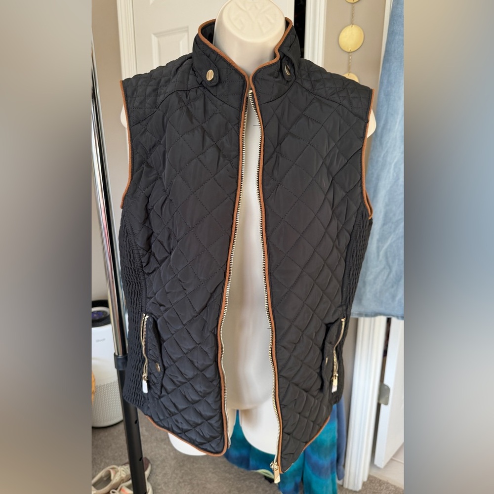 Quilted Black Vest with Brown Trim
